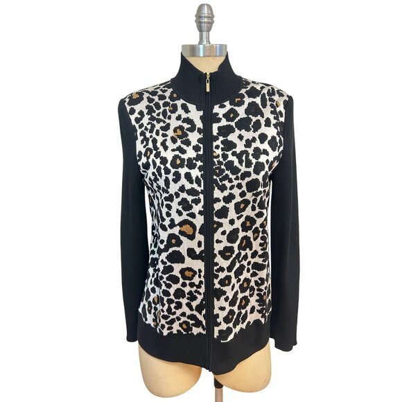 St. John Boutique Animal Print Black & Cream Full-Zip Knit Cardigan Sweater Smal - Picture 1 of 5